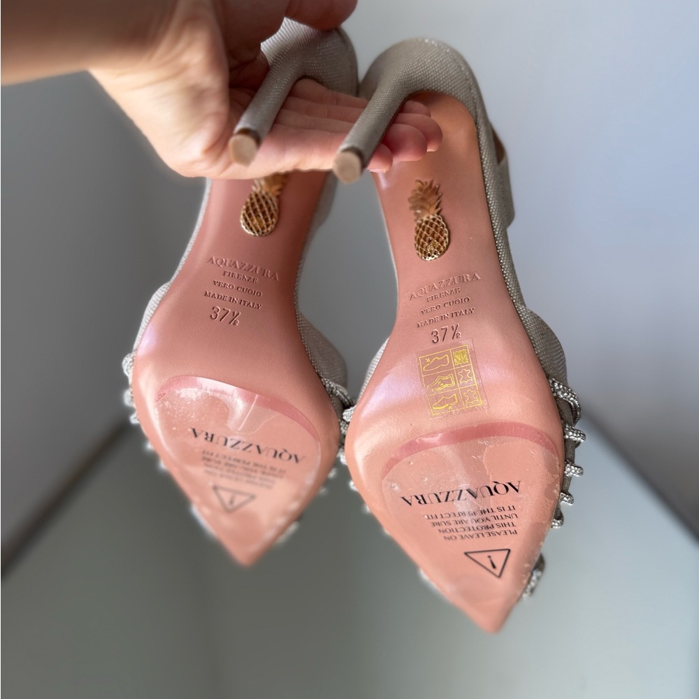 New AQUAZZURA Gatsby 105 crystal-embellished metallic canvas slingback pumps - Picture 8 of 13